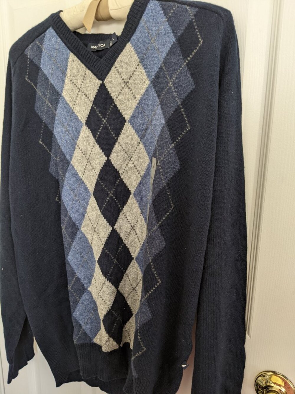 NEW MEN NAUTICA WOOL/COTTON BLEND V-NECK SWEATER GEOMETRIC BLUE/GREY/NAVY SIZE L